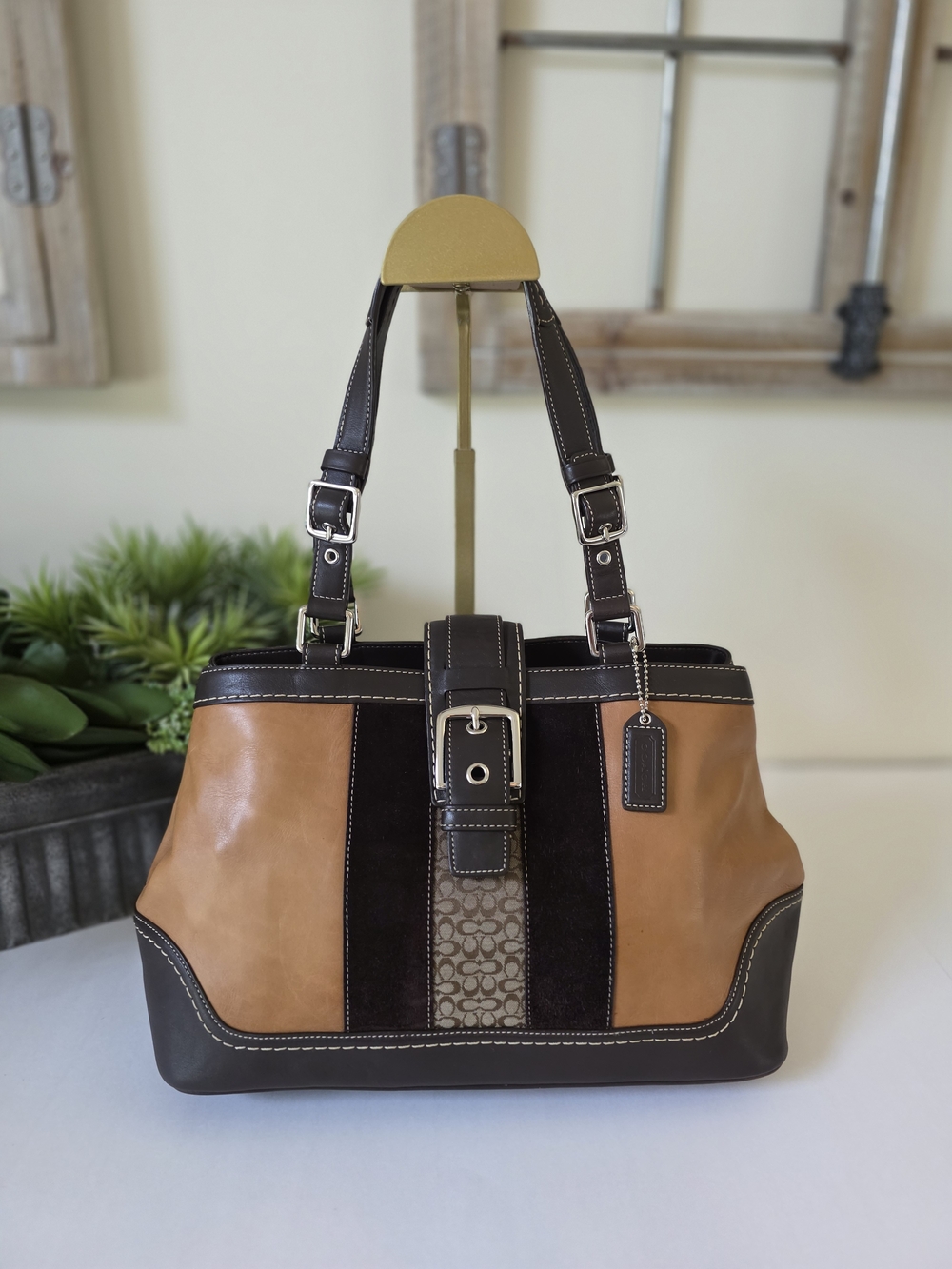 Vintage Coach Hamptons Carryall Tote Leather Suede Signature Shoulder Bag - Picture 3 of 16
